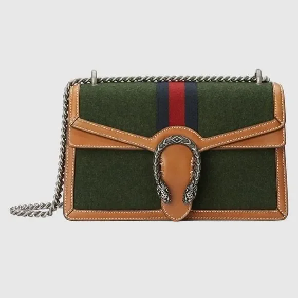 Gucci Bag Back Shoulder Bag Dark Green Brown Silver Wool Fabric Leather